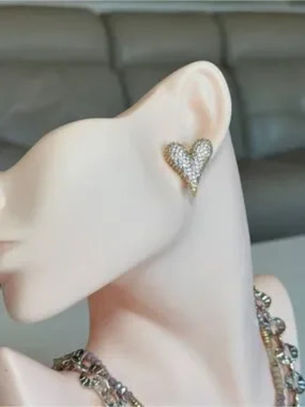 S925 Gold-Tone Pave Heart Stud Earrings - Sparkling Gold Heart